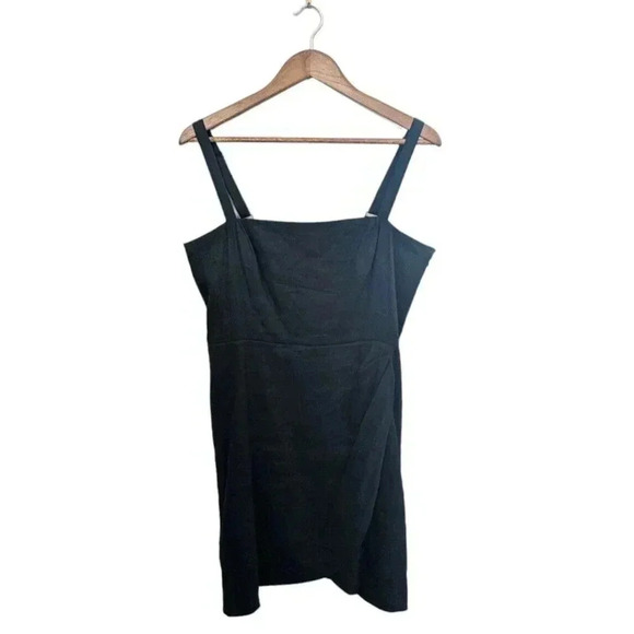 Gianni Bini Black Linen Blend Ruched Square Neck Mini Dress Size 12 Smocked Back - Picture 1 of 7
